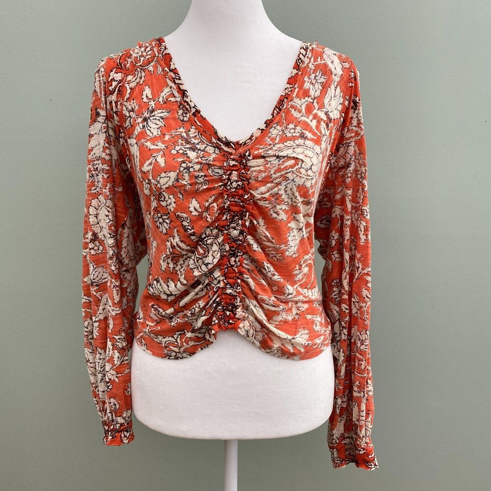 Free People Floral Top Say The Word Womens Large Ruched Shirt Orange Boho